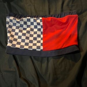 Red/blue/white checkered tube top. Size large